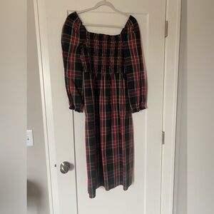 J.Crew cotton poplin smocked midi dress in Stewart tartan black red